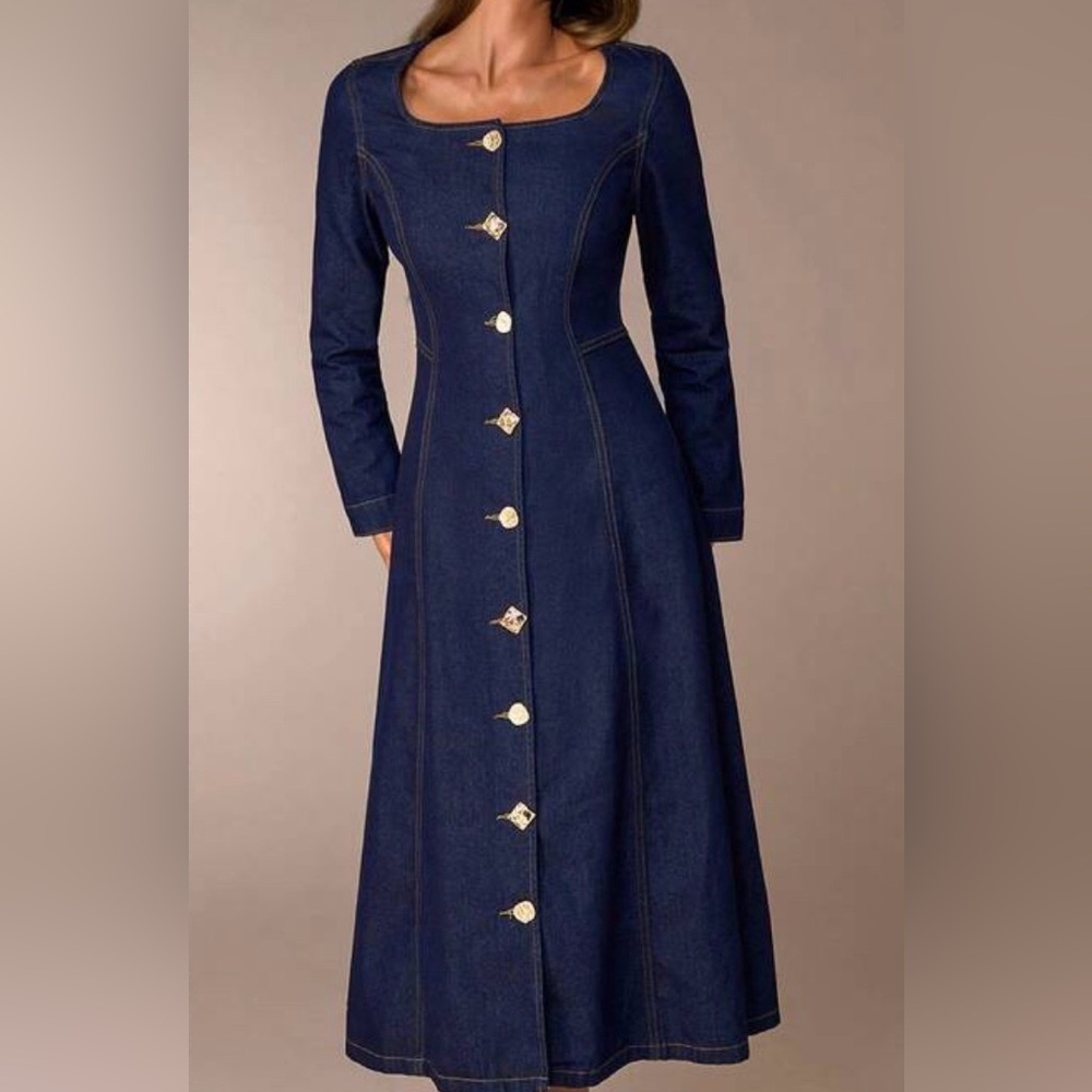 Long Navy Button-Front Women's Dress